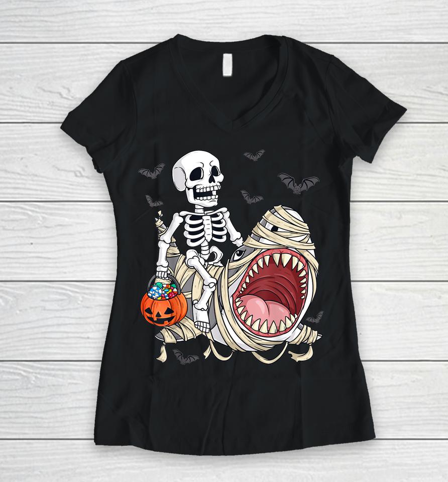 Skeleton Riding Mummy Shark Funny Halloween Pumpkin Women V-Neck T-Shirt