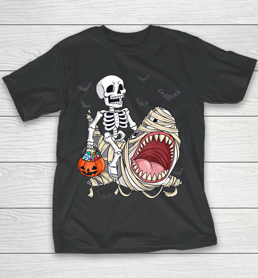 Skeleton Riding Mummy Shark Funny Halloween Pumpkin Youth T-Shirt
