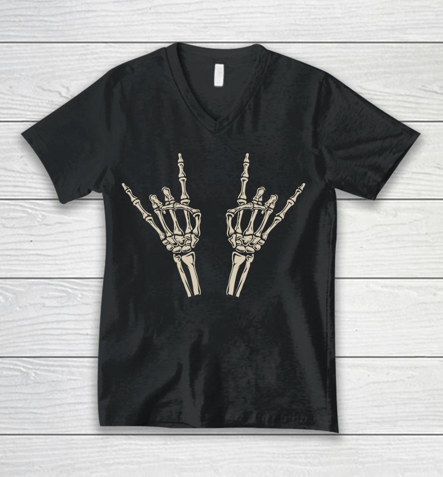 Skeleton Rocker Hands Halloween Unisex V-Neck T-Shirt