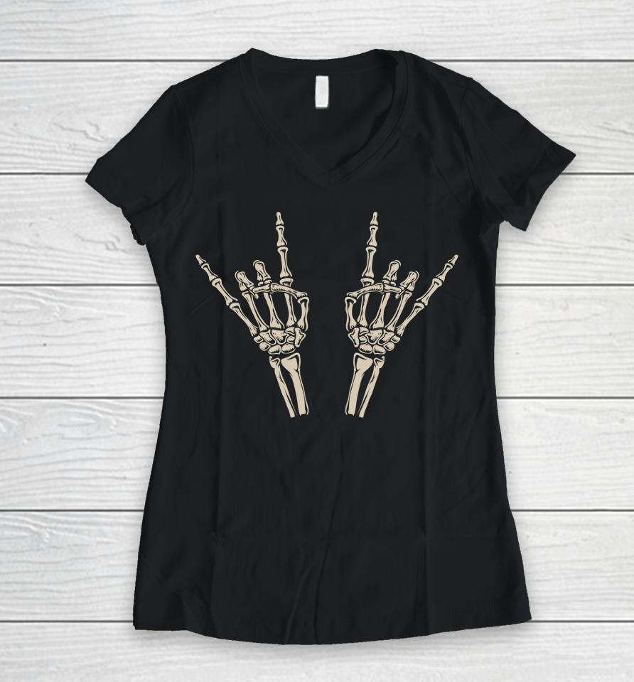 Skeleton Rocker Hands Halloween Women V-Neck T-Shirt