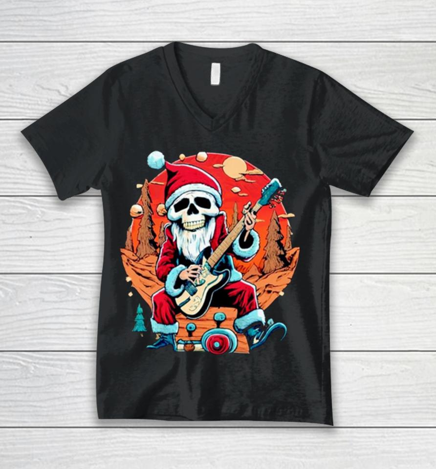 Skeleton Rocker Santa Christmas Vintage Retro Unisex V-Neck T-Shirt