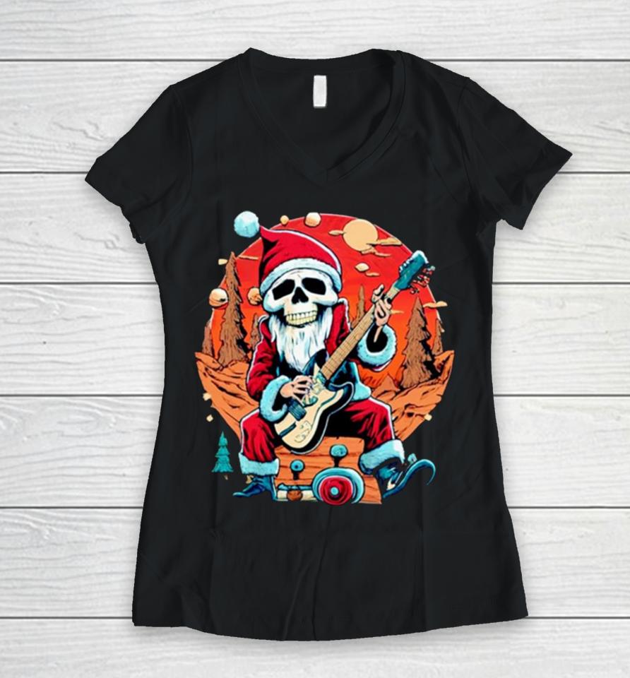 Skeleton Rocker Santa Christmas Vintage Retro Women V-Neck T-Shirt