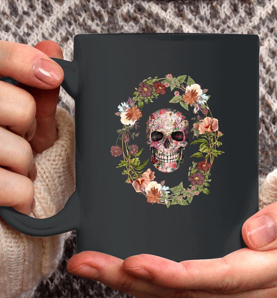 Skull And Vintage Flower Wreath For Flower And Garden Lover Coffee Mug