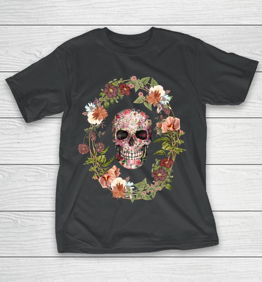 Skull And Vintage Flower Wreath For Flower And Garden Lover T-Shirt