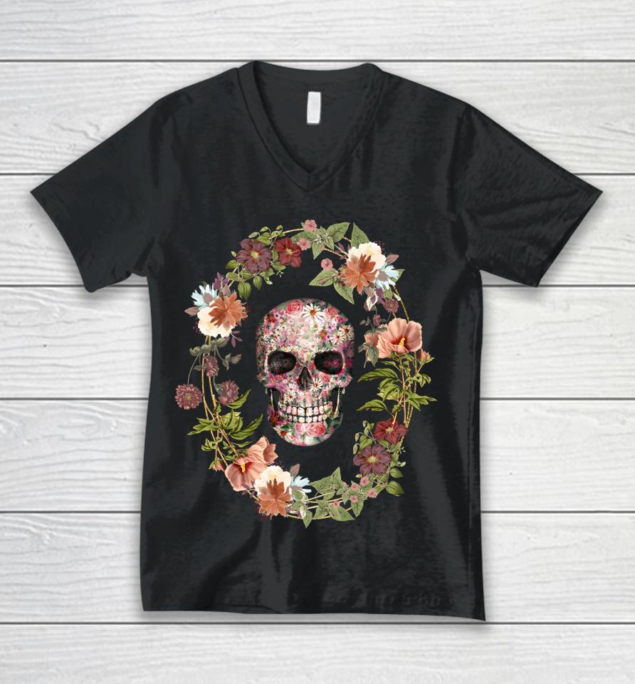 Skull And Vintage Flower Wreath For Flower And Garden Lover Unisex V-Neck T-Shirt