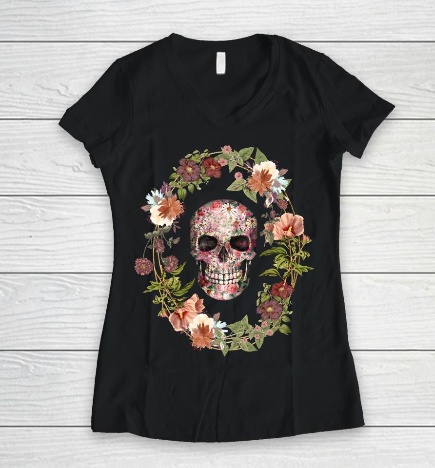 Skull And Vintage Flower Wreath For Flower And Garden Lover Women V-Neck T-Shirt