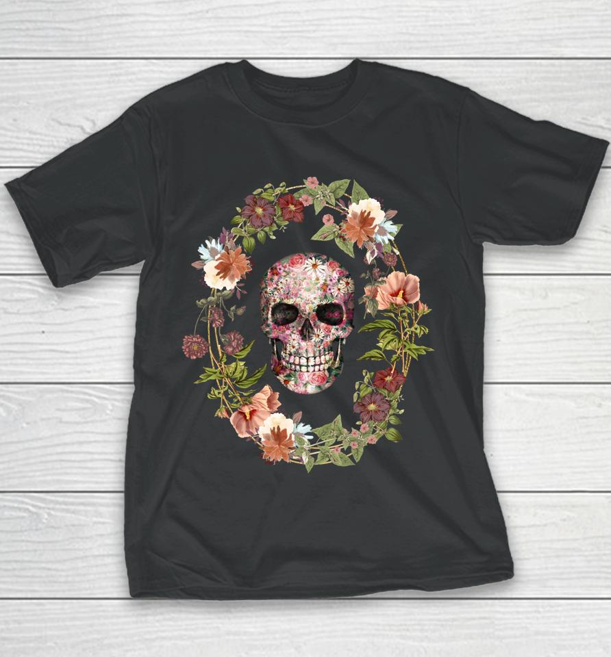 Skull And Vintage Flower Wreath For Flower And Garden Lover Youth T-Shirt