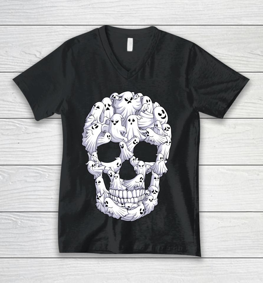 Skull Boo Ghost Halloween Unisex V-Neck T-Shirt