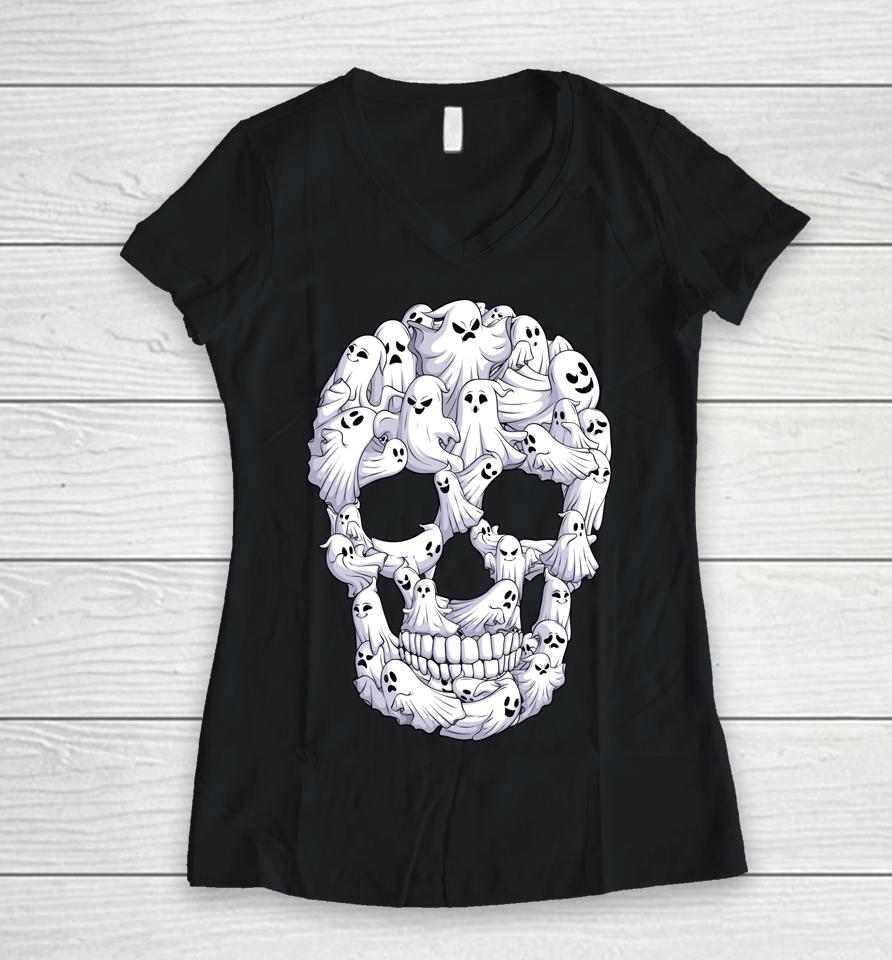 Skull Boo Ghost Halloween Women V-Neck T-Shirt