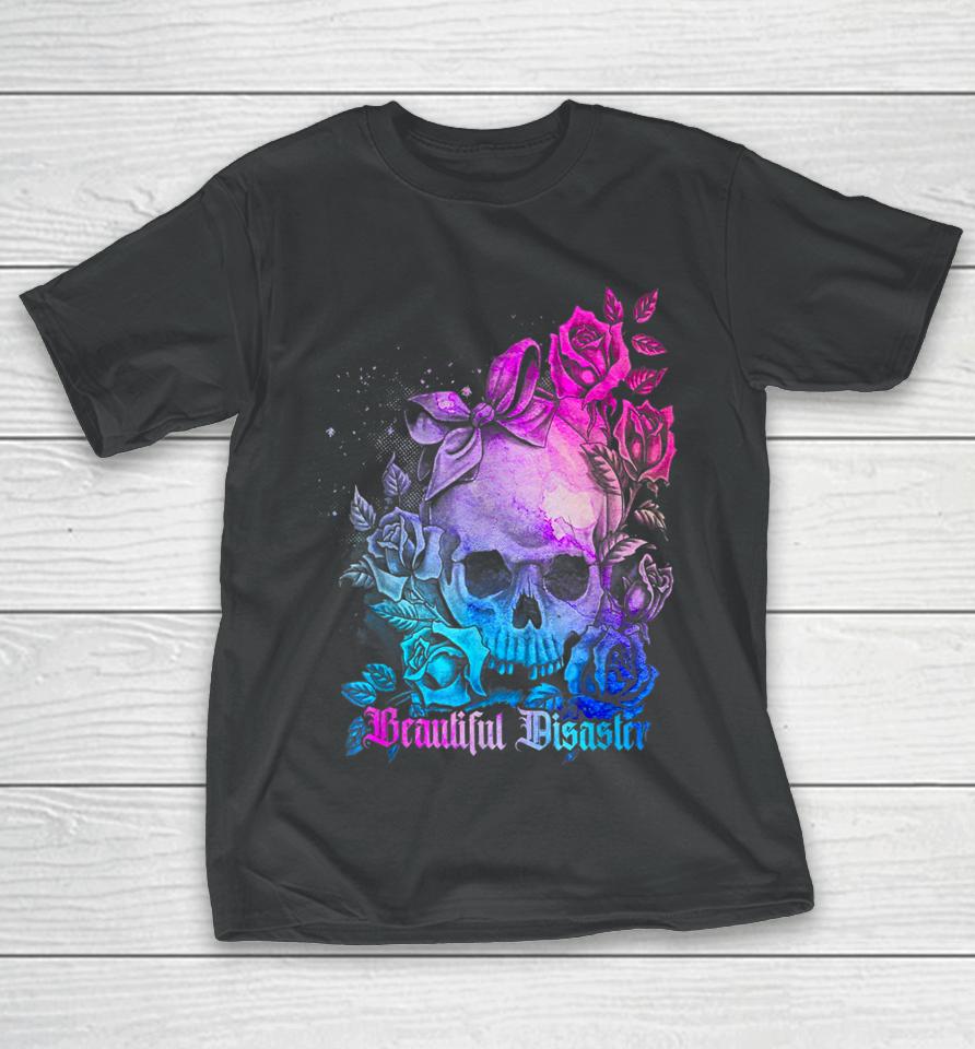 Skull Bow With Roses Beautiful Disaster Flowers T-Shirt