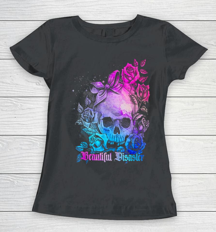 Skull Bow With Roses Beautiful Disaster Flowers Women T-Shirt