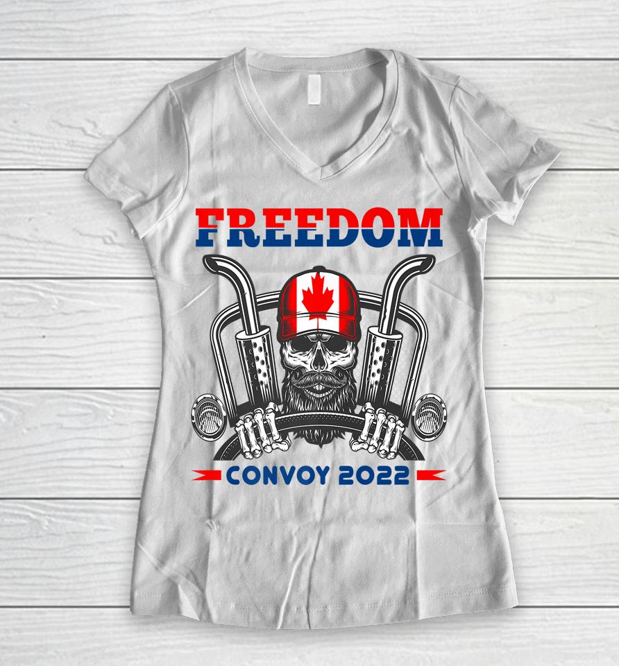 Skull Canadian Trucker Canada Flag Freedom Convoy 2022 Women V-Neck T-Shirt