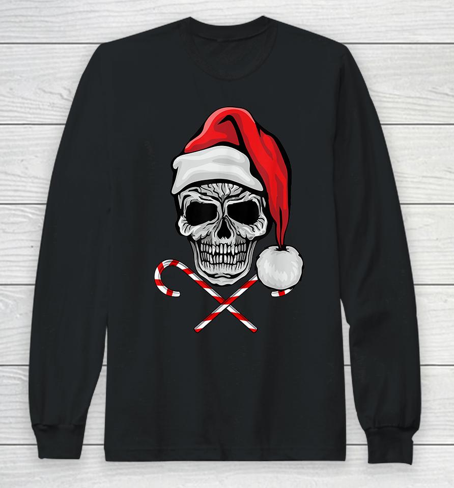 Skull Christmas Pajama Santa Candy Cane Long Sleeve T-Shirt