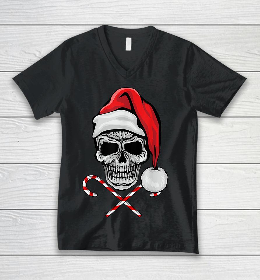 Skull Christmas Pajama Santa Candy Cane Unisex V-Neck T-Shirt