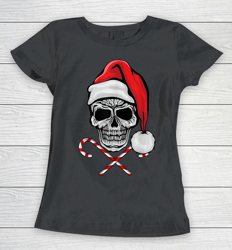 Skull Christmas Pajama Santa Candy Cane Women T-Shirt
