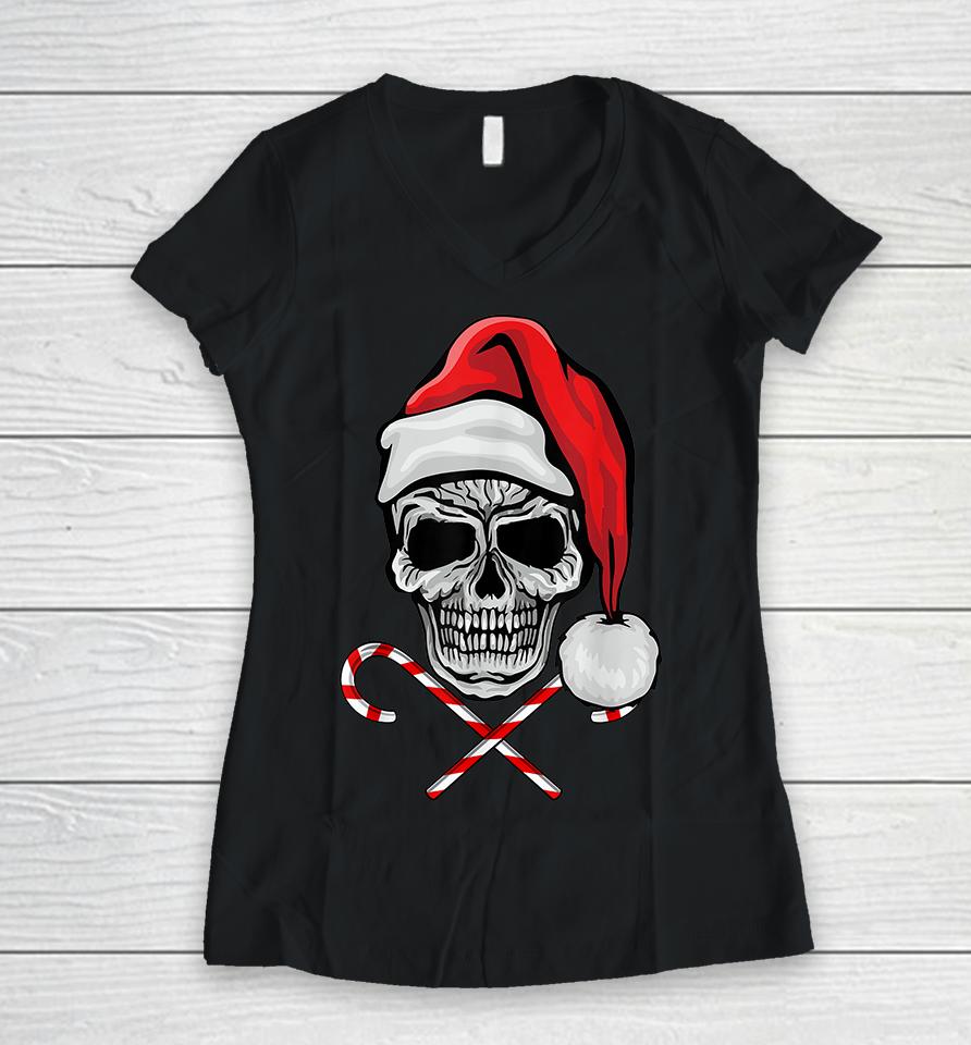 Skull Christmas Pajama Santa Candy Cane Women V-Neck T-Shirt