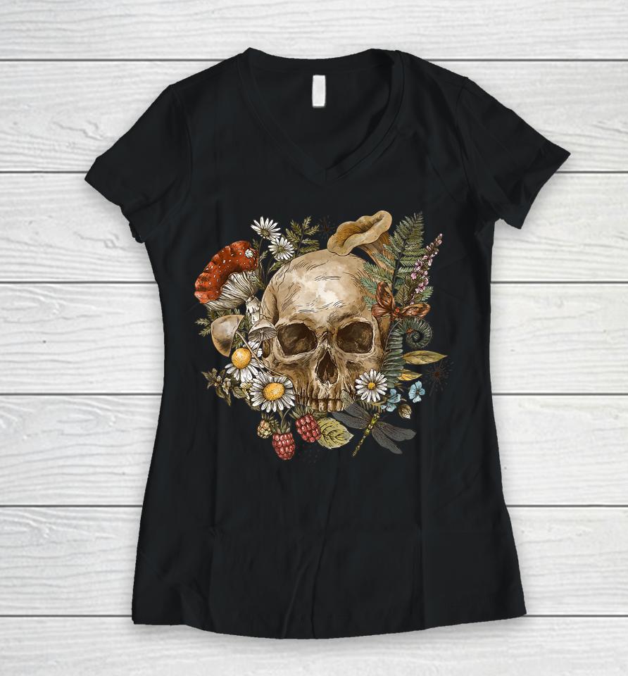 Skull Floral Women V-Neck T-Shirt