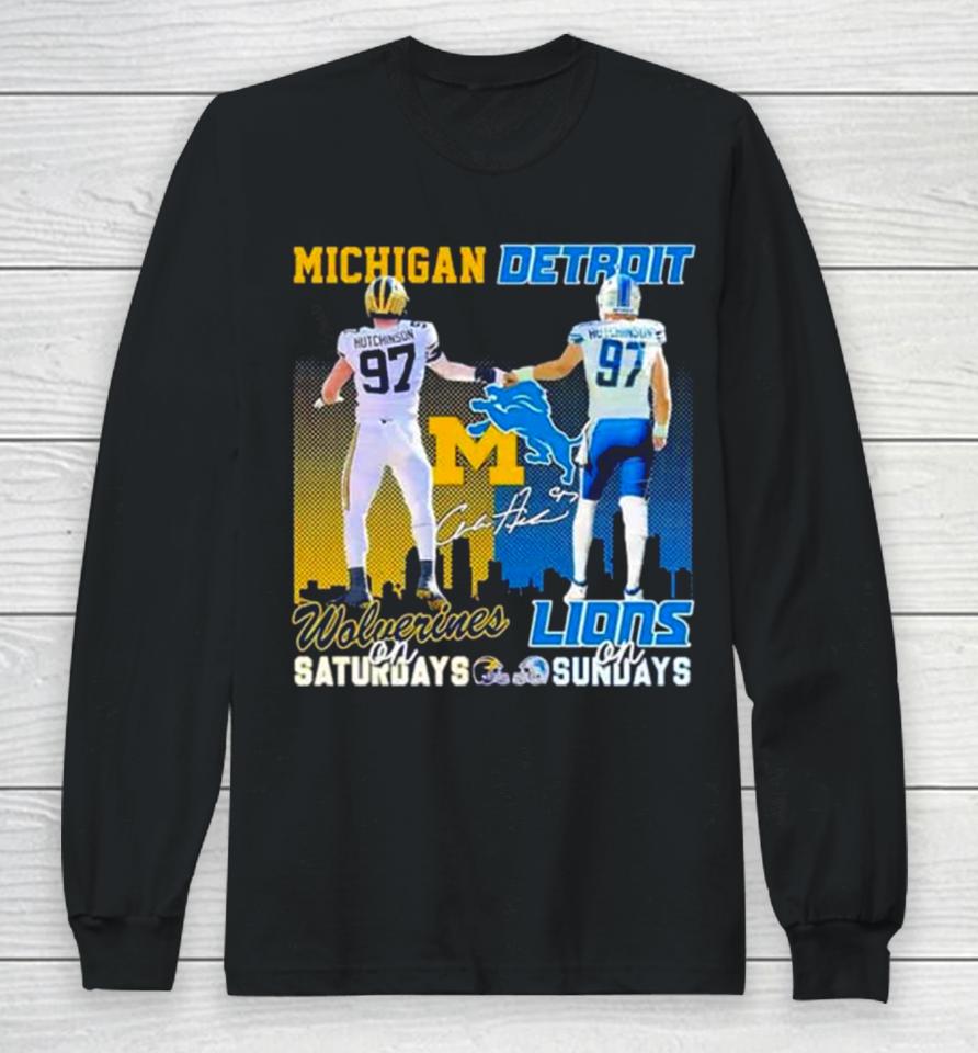 Skyline Aidan Hutchinson Michigan Wolverines On Saturdays Detroit Lions On Sundays Long Sleeve T-Shirt