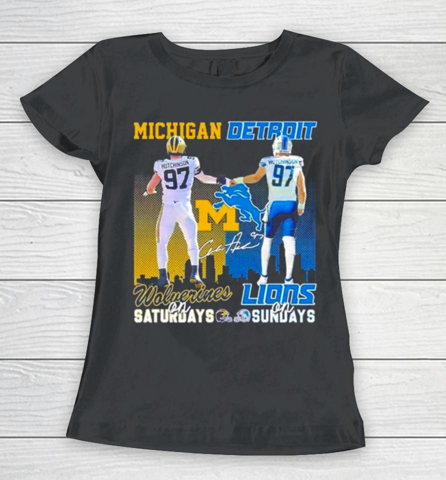 Skyline Aidan Hutchinson Michigan Wolverines On Saturdays Detroit Lions On Sundays Women T-Shirt