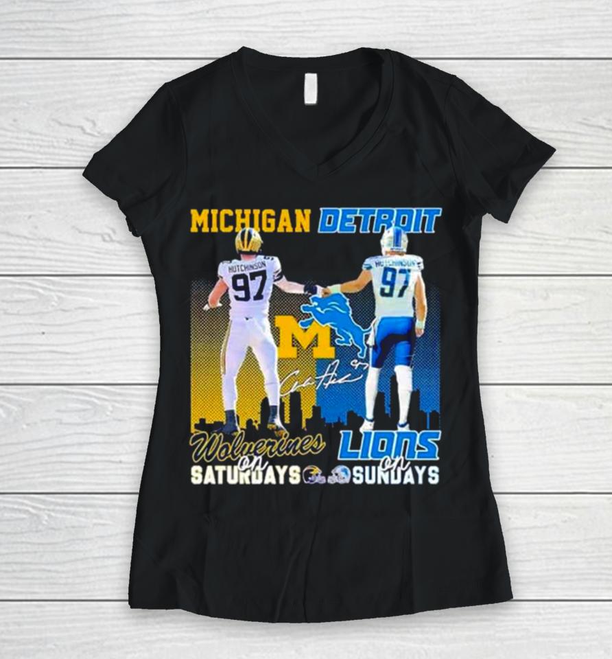 Skyline Aidan Hutchinson Michigan Wolverines On Saturdays Detroit Lions On Sundays Women V-Neck T-Shirt