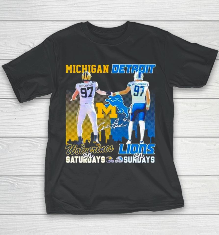 Skyline Aidan Hutchinson Michigan Wolverines On Saturdays Detroit Lions On Sundays Youth T-Shirt