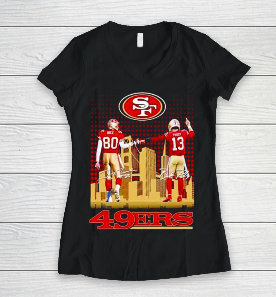 Skyline Jerry Rice And Brock Purdy San Francisco 49Ers Signatures Women V-Neck T-Shirt