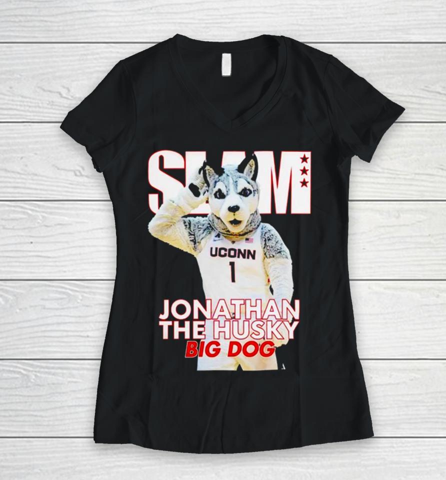 Slam Uconn Huskies Mascot Jonathan The Husky Big Dog Women V-Neck T-Shirt