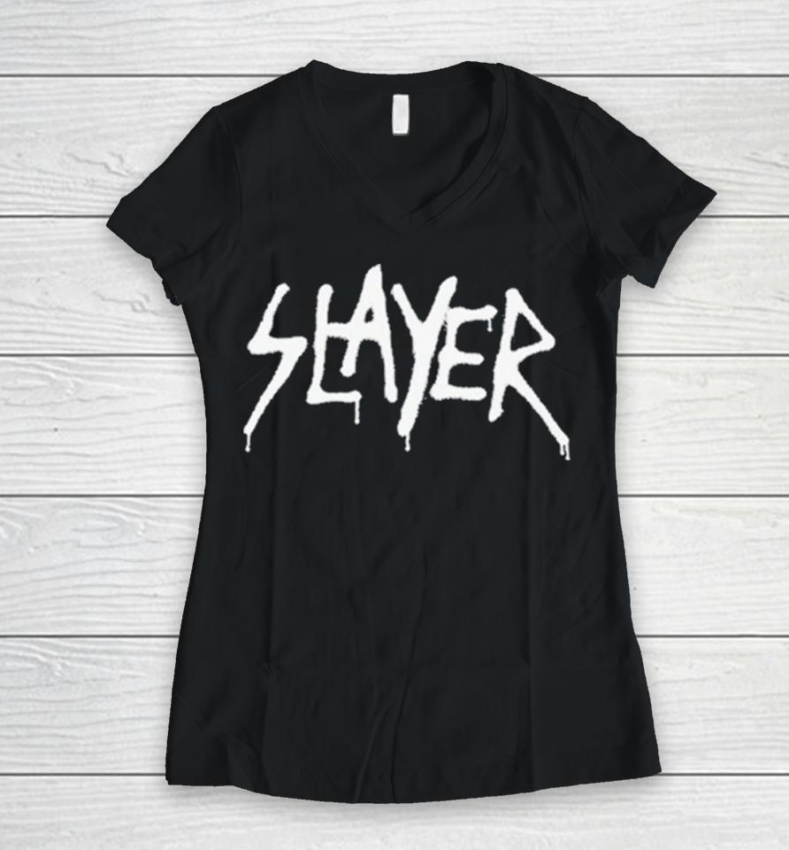Slayer Spray Paint Puff Ink Logo Women V-Neck T-Shirt
