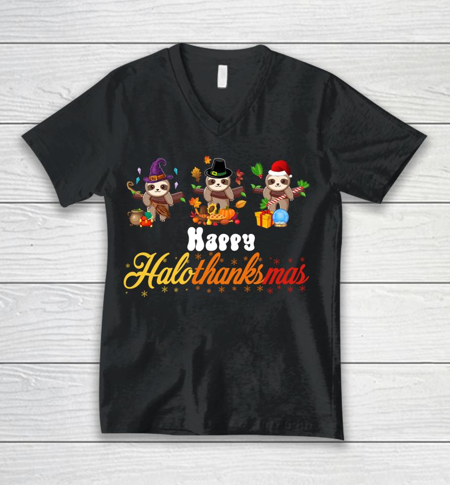 Sloth Halloween Christmas Happy Hallothanksmas Thanksgiving Unisex V-Neck T-Shirt
