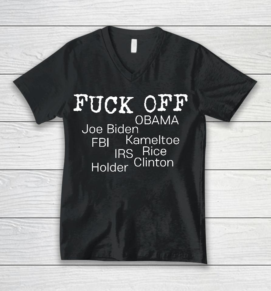 Smartass Brunette Fuck Off Obama Joe Biden Fbi Kameltoe Irs Rice Clien Holder Unisex V-Neck T-Shirt