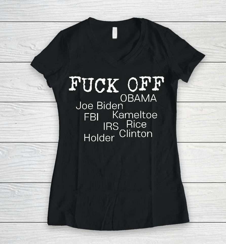 Smartass Brunette Fuck Off Obama Joe Biden Fbi Kameltoe Irs Rice Clien Holder Women V-Neck T-Shirt