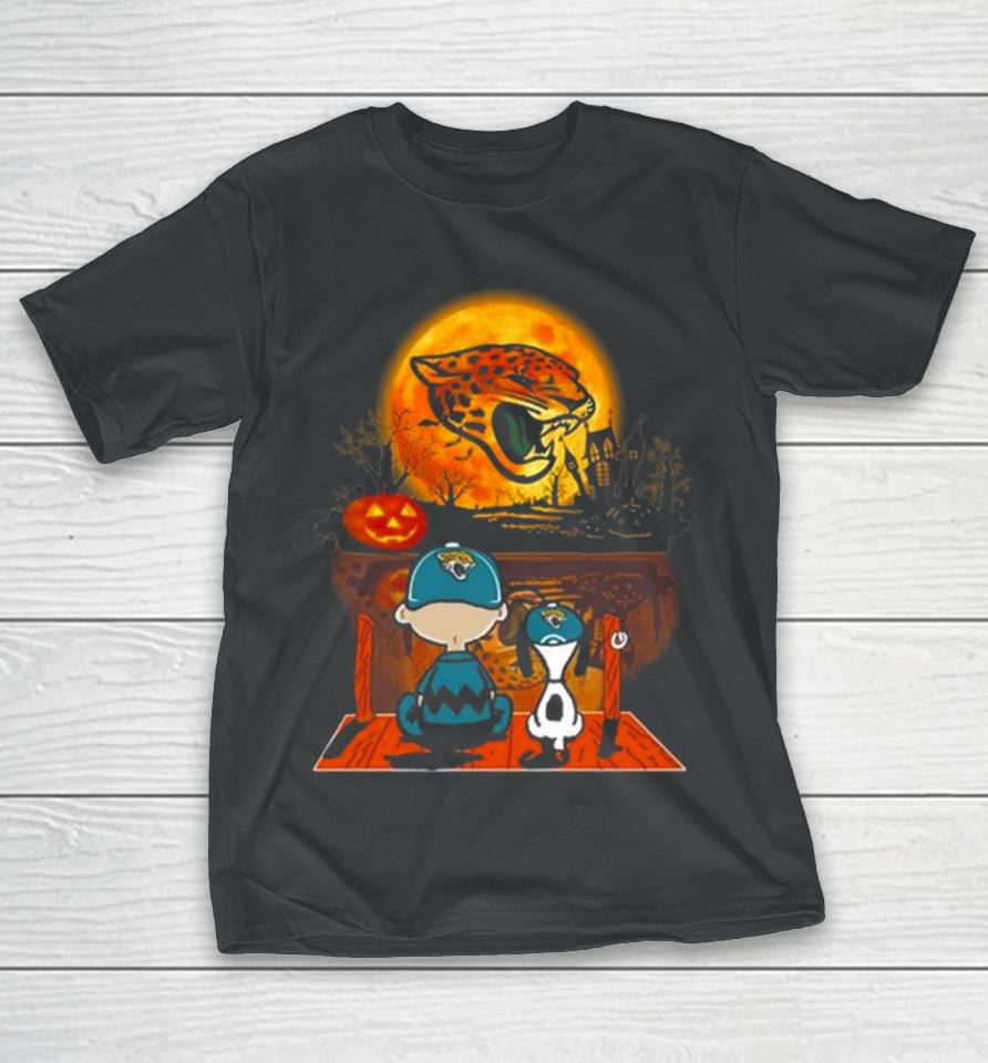 Snoopy And Charlie Brown Jacksonville Jaguars Sitting Under Moon Halloween 2023 T-Shirt