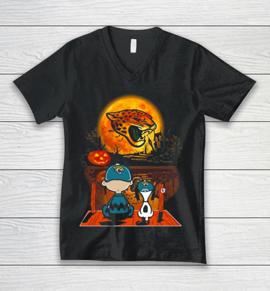 Snoopy And Charlie Brown Jacksonville Jaguars Sitting Under Moon Halloween 2023 Unisex V-Neck T-Shirt