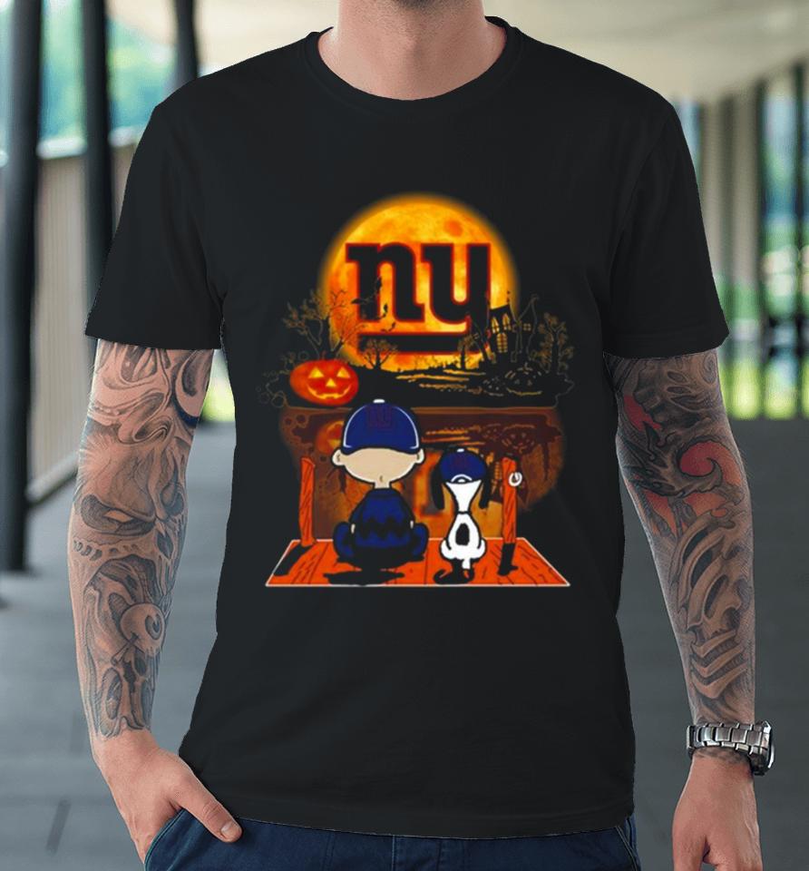 Snoopy And Charlie Brown New York Giants Sitting Under Moon Halloween 2023 Premium T-Shirt