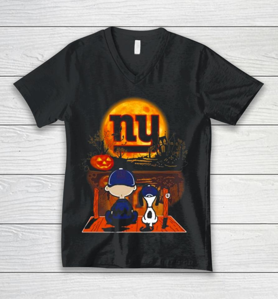 Snoopy And Charlie Brown New York Giants Sitting Under Moon Halloween 2023 Unisex V-Neck T-Shirt