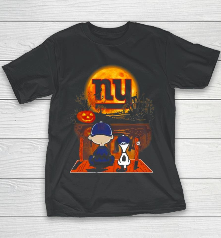 Snoopy And Charlie Brown New York Giants Sitting Under Moon Halloween 2023 Youth T-Shirt