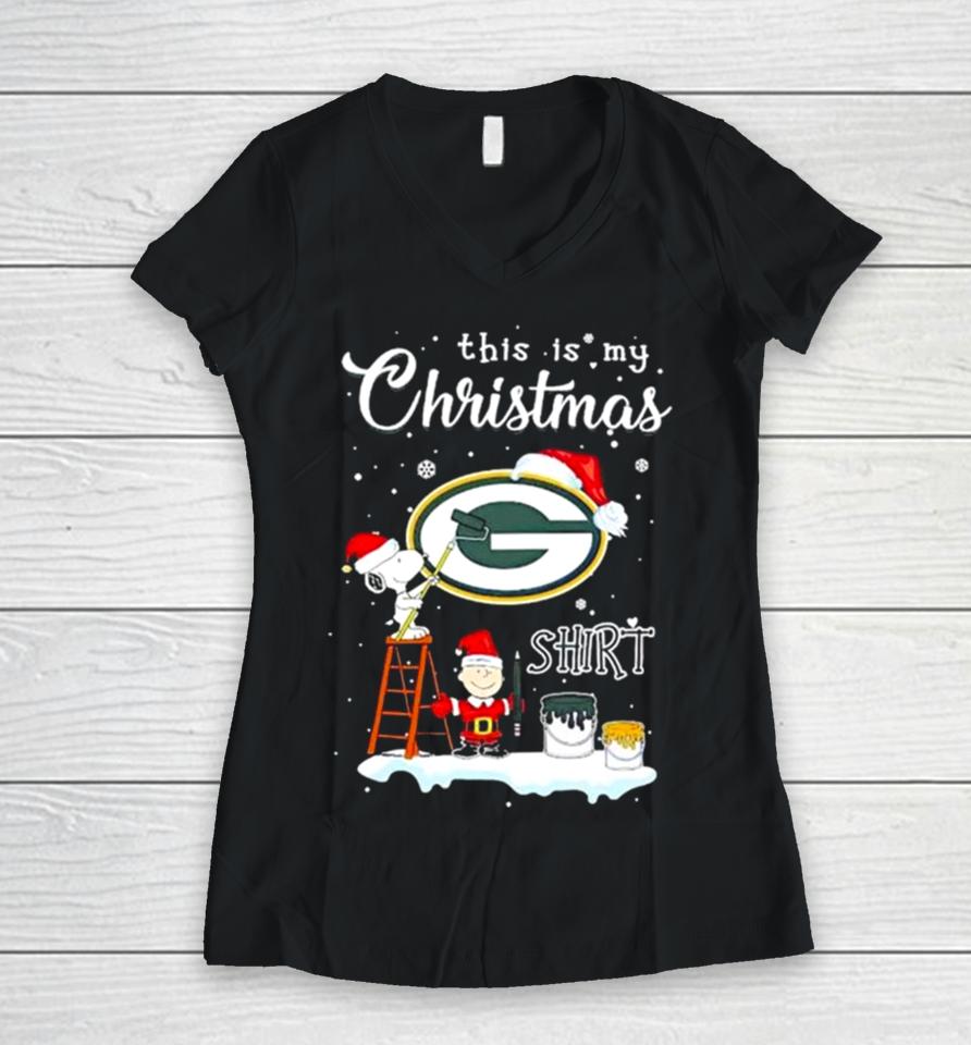 Snoopy And Charlie Brown Nfl Green Bay Packers This Is My Christmas Women V-Neck T-Shirt