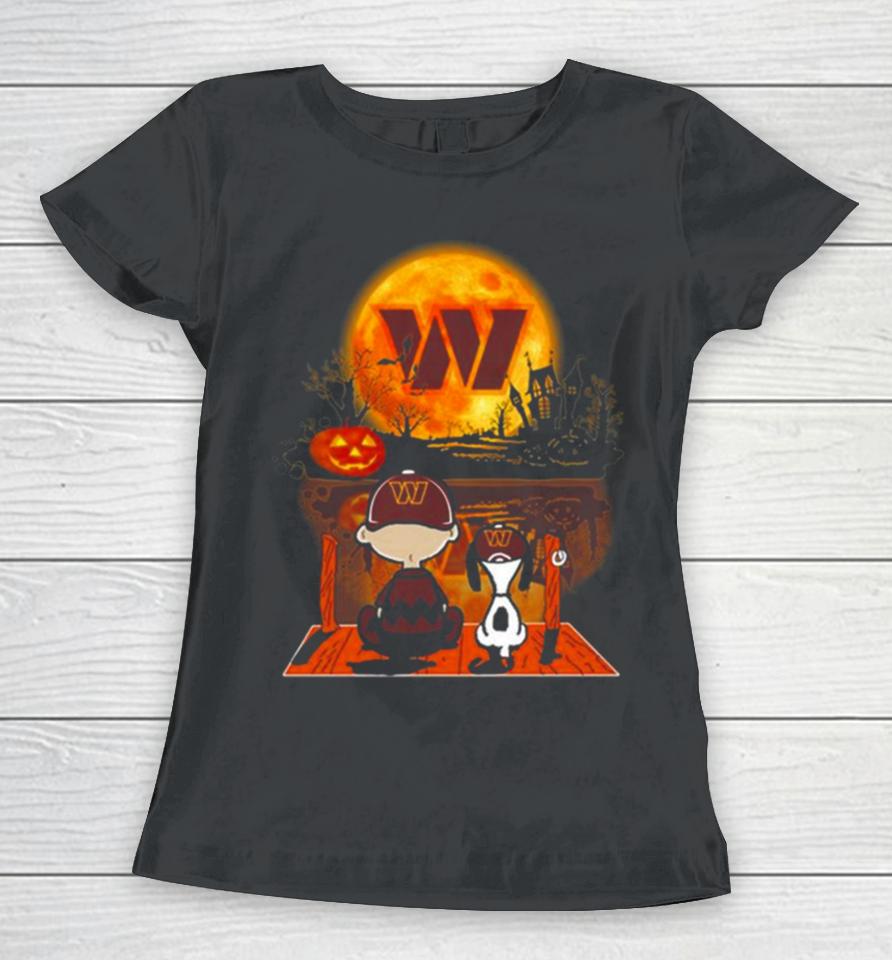 Snoopy And Charlie Brown Washington Commanders Sitting Under Moon Halloween 2023 Women T-Shirt