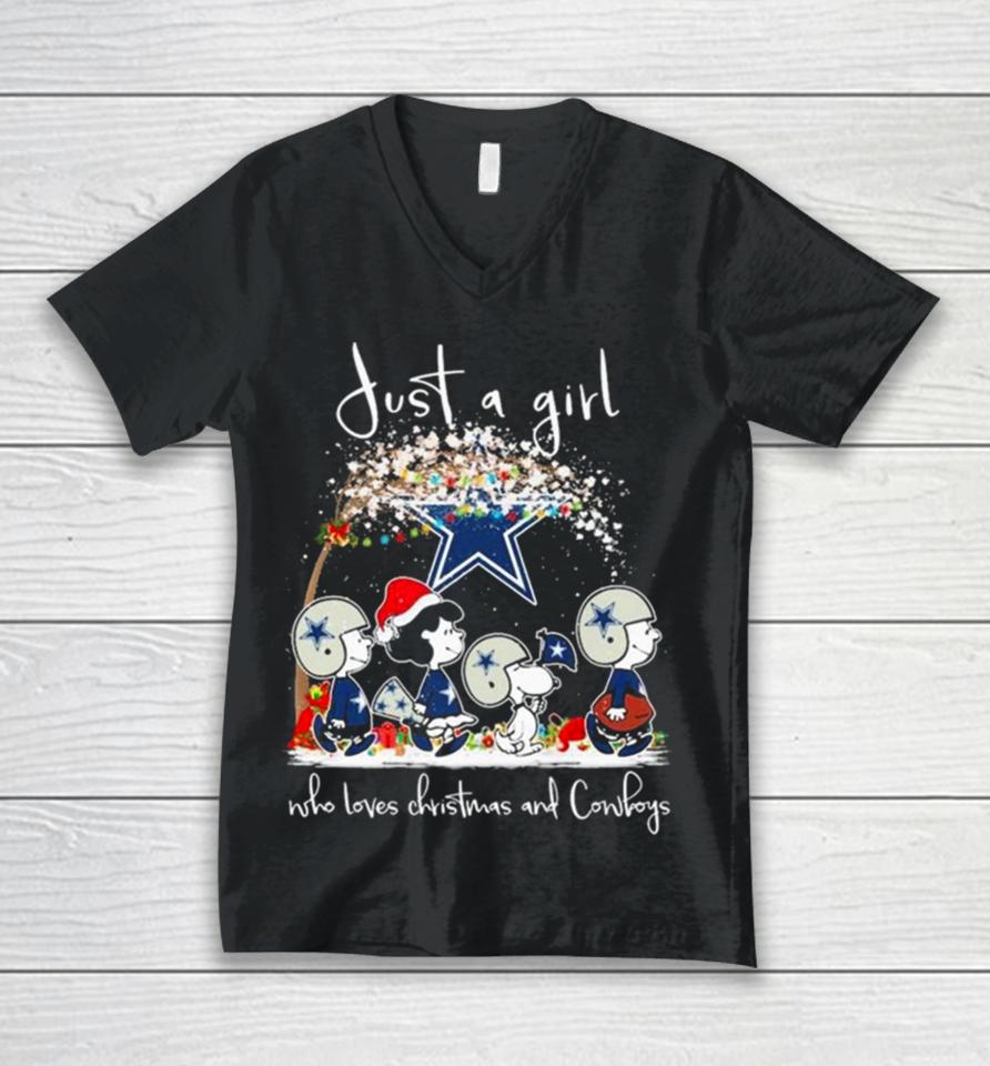 Snoopy And Friends Just A Girl Who Loves Christmas And Dallas Cowboys T Unisex V-Neck T-Shirt