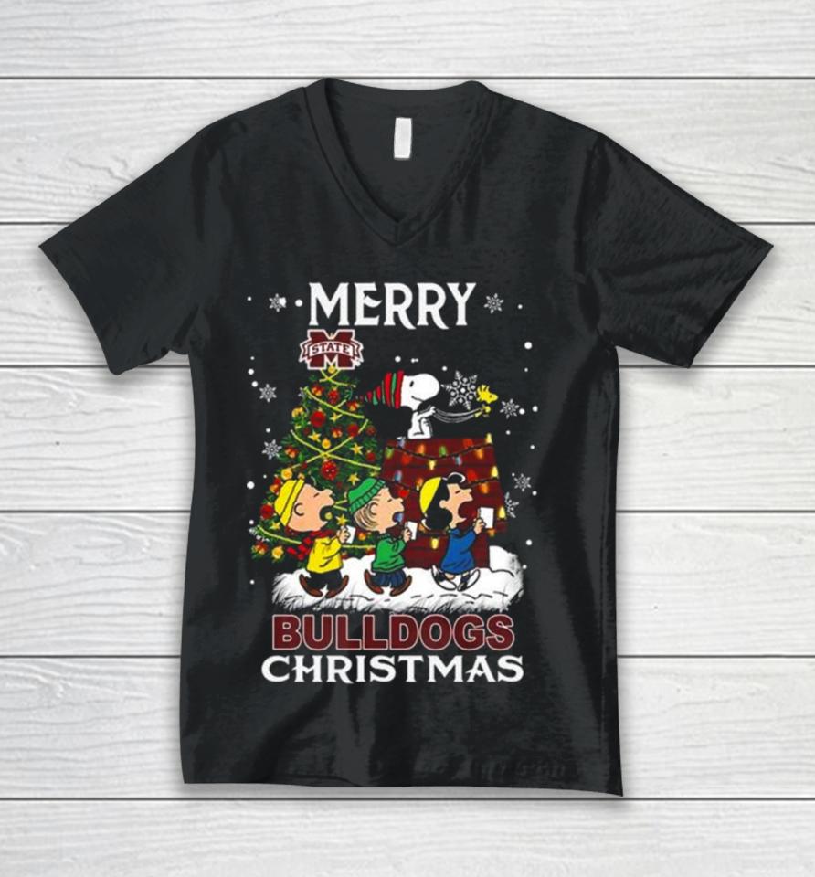 Snoopy And Friends Merry Christmas Mississippi State Bulldogs 2023 Unisex V-Neck T-Shirt