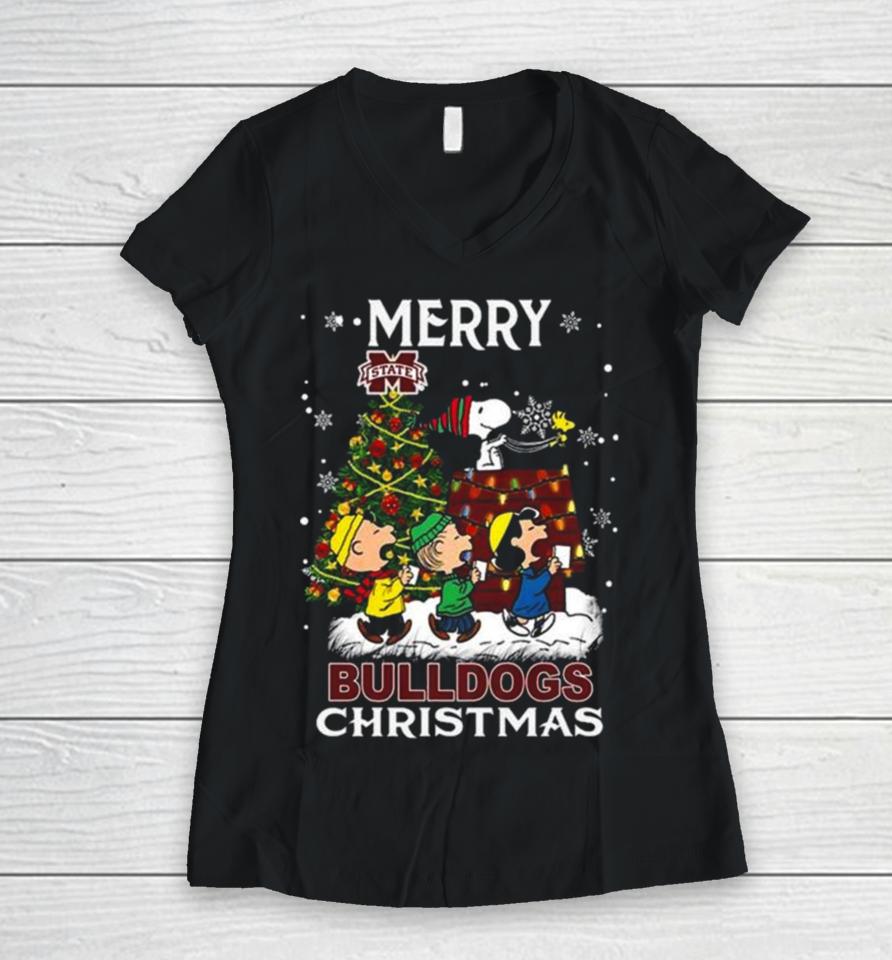 Snoopy And Friends Merry Christmas Mississippi State Bulldogs 2023 Women V-Neck T-Shirt