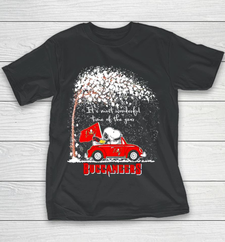 Snoopy And Woodstock Buccaneers Winter It’s Most Wonderful Time Of The Year Youth T-Shirt