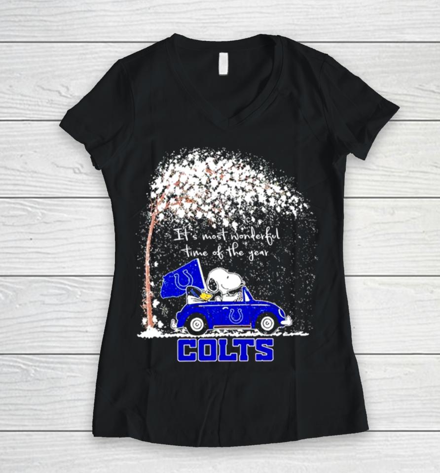 Snoopy And Woodstock Colts Winter It’s Most Wonderful Time Of The Year Women V-Neck T-Shirt