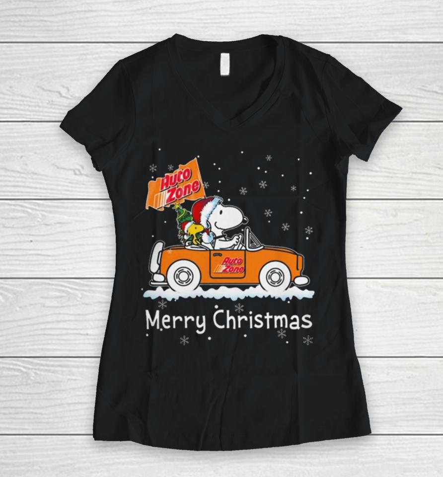 Snoopy And Woodstock Driving Car Auto Zone Christmas 2023 Women V-Neck T-Shirt