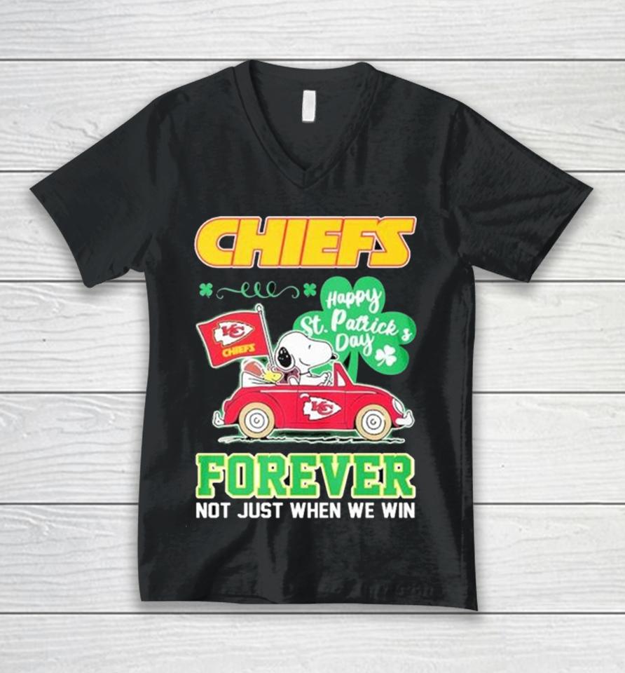 Snoopy And Woodstock Driving Car Chiefs Happy St Patrick’s Day Forever Unisex V-Neck T-Shirt