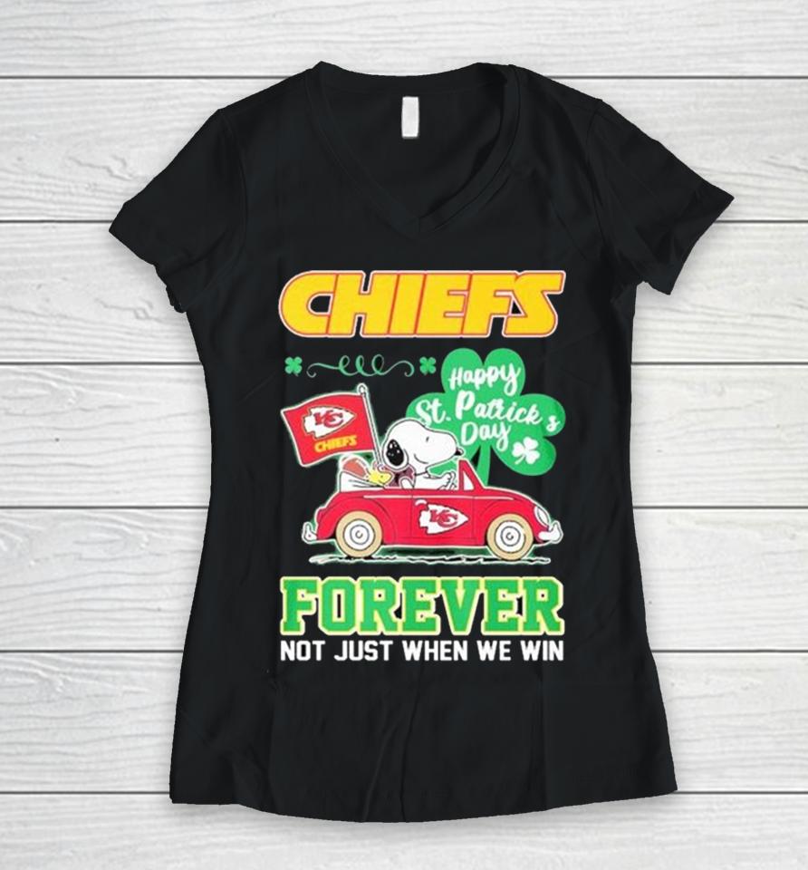 Snoopy And Woodstock Driving Car Chiefs Happy St Patrick’s Day Forever Women V-Neck T-Shirt