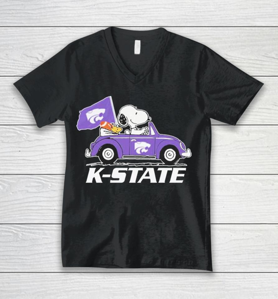Snoopy And Woodstock Driving Car Kansas State Wildcats Bowl Champions Unisex V-Neck T-Shirt
