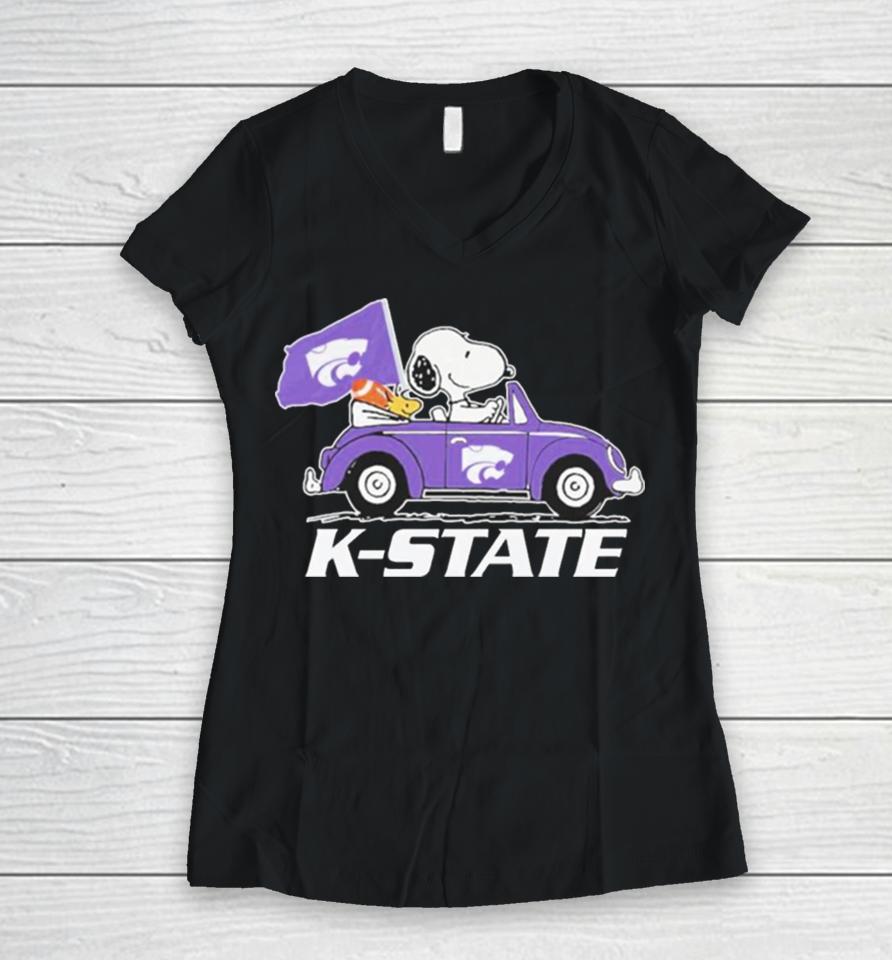 Snoopy And Woodstock Driving Car Kansas State Wildcats Bowl Champions Women V-Neck T-Shirt
