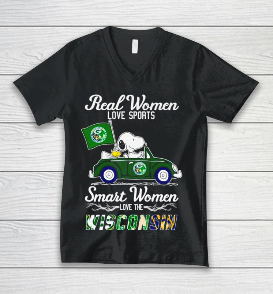 Snoopy And Woodstock Real Women Love Sports Smart Women Love The Wisconsin Unisex V-Neck T-Shirt