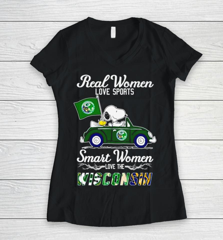 Snoopy And Woodstock Real Women Love Sports Smart Women Love The Wisconsin Women V-Neck T-Shirt